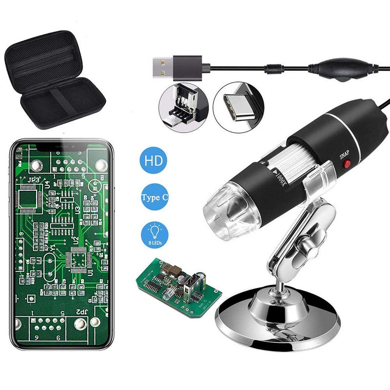 Jiusion Original 40-1000X USB Microscope with Portable Carrying Case, Digital Magnification Endoscope Camera 8 LEDs Metal Base for Android Phone and Tablet, Windows Mac Linux Chrome - Image 1